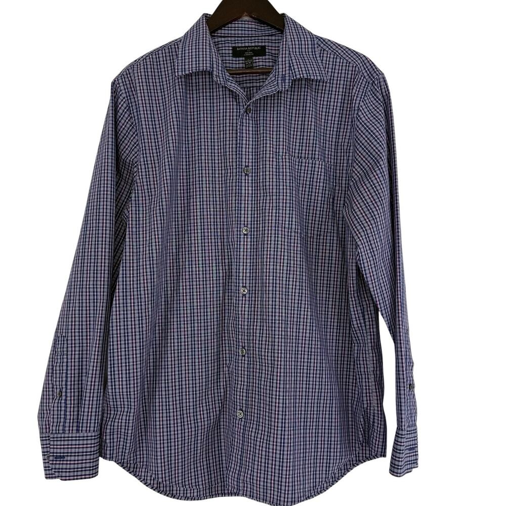 Banana Republic Non Iron Dress Shirt Mens Large Blue / Pink Plaid Classic Fit